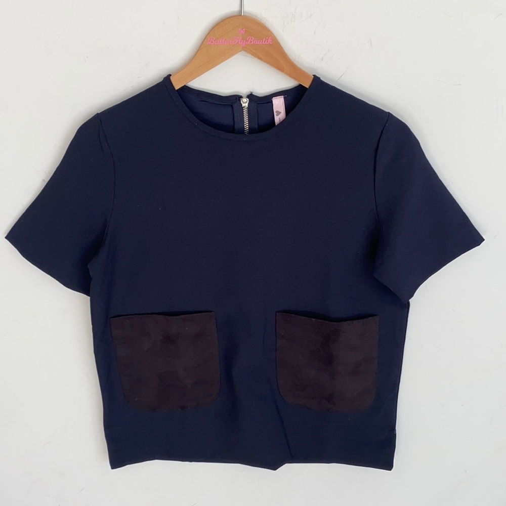 June navy blue short-sleeve crewneck top faux suede square front pockets, Size M
